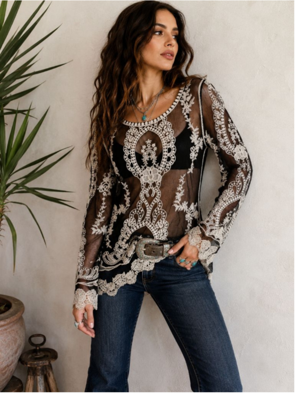 YouareNotAlone Black Mesh Embroidered Lace Boho Tunic Top Small Festival Romance - Picture 1 of 11